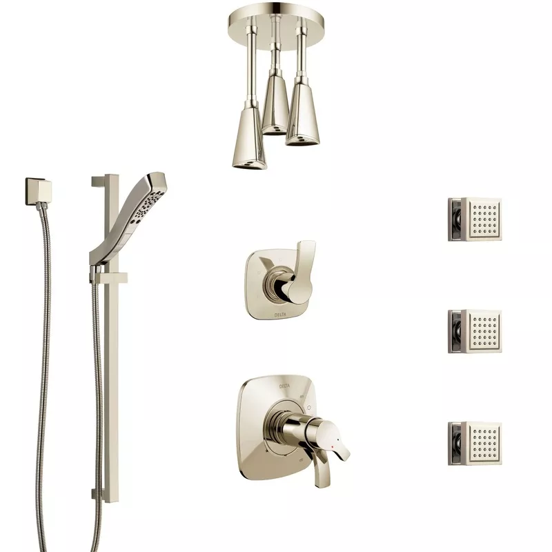 Delta Tesla Polished Nickel Shower System with Dual Thermostatic Control, Diverter, Showerhead, Ceiling Showerhead, and 3 Body Sprays SS17T2521PN4